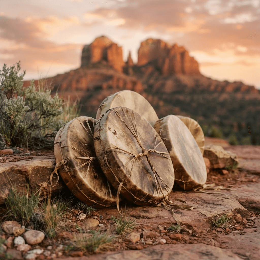 Women gathered in a frame drum circle at dusk among Sedona red rocks