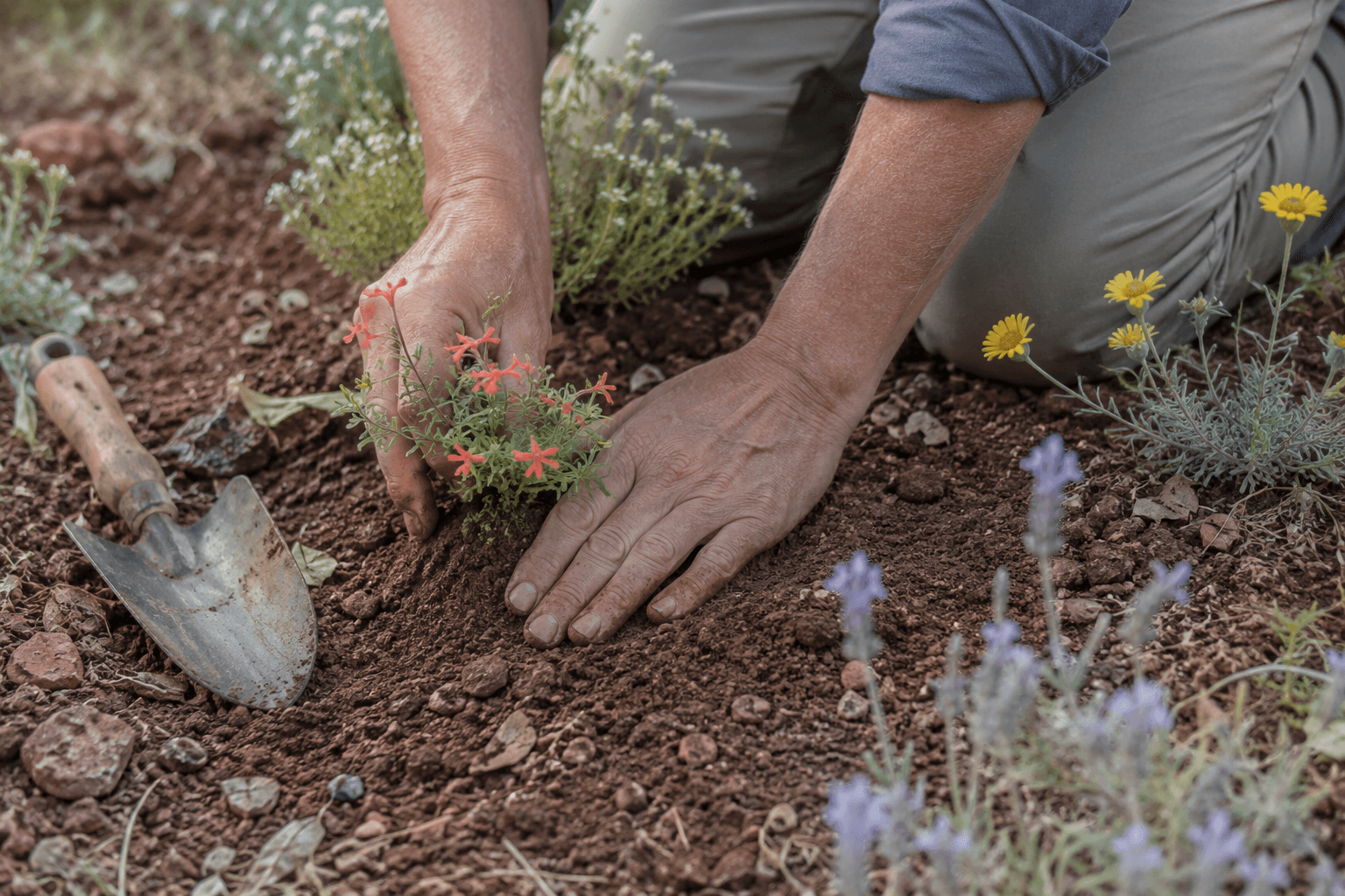 Hands planting native wildflowers in Sedona's red earth