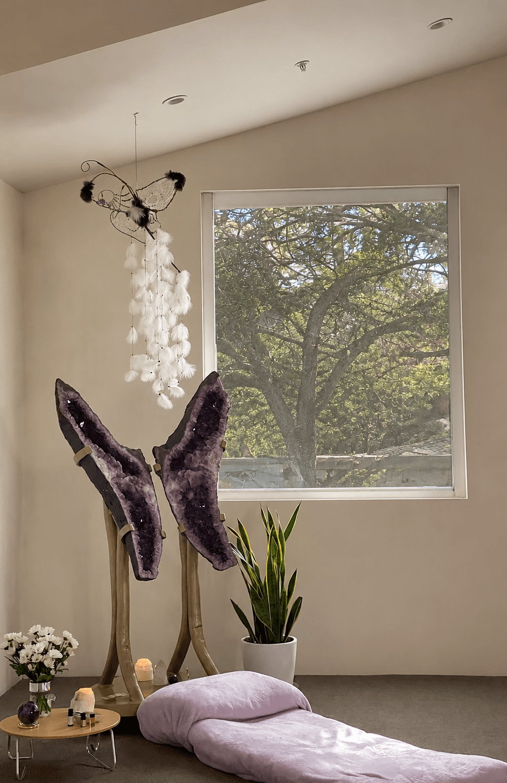Amethyst wings, a dreamcatcher and a window to the trees