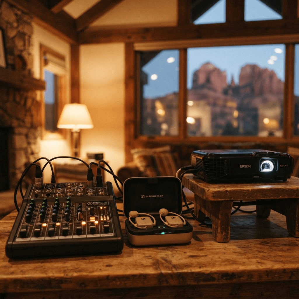 Sound and projection equipment set up and ready before a retreat session