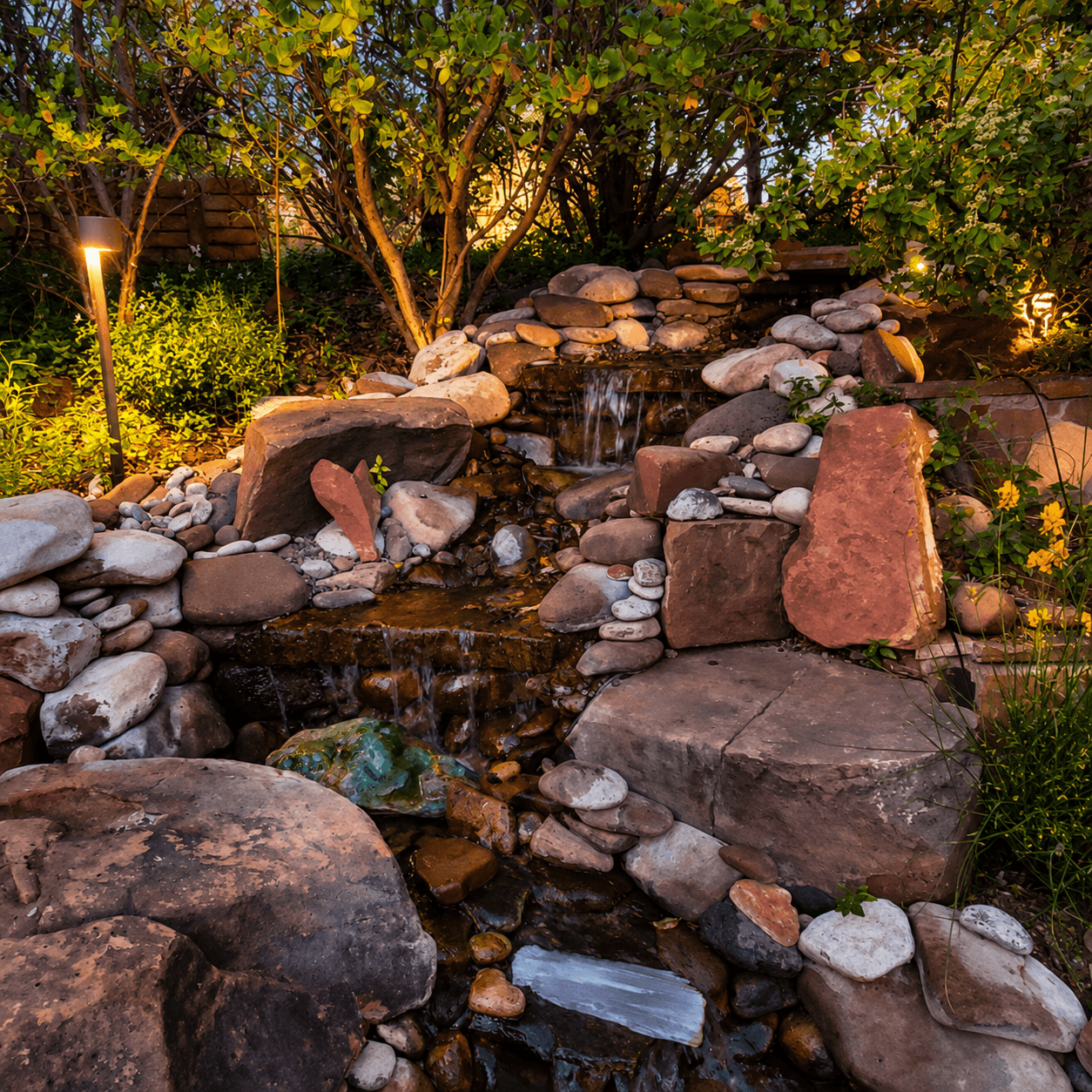Stone and water settle into the red rock landscape just outside, a quiet corner for a private moment