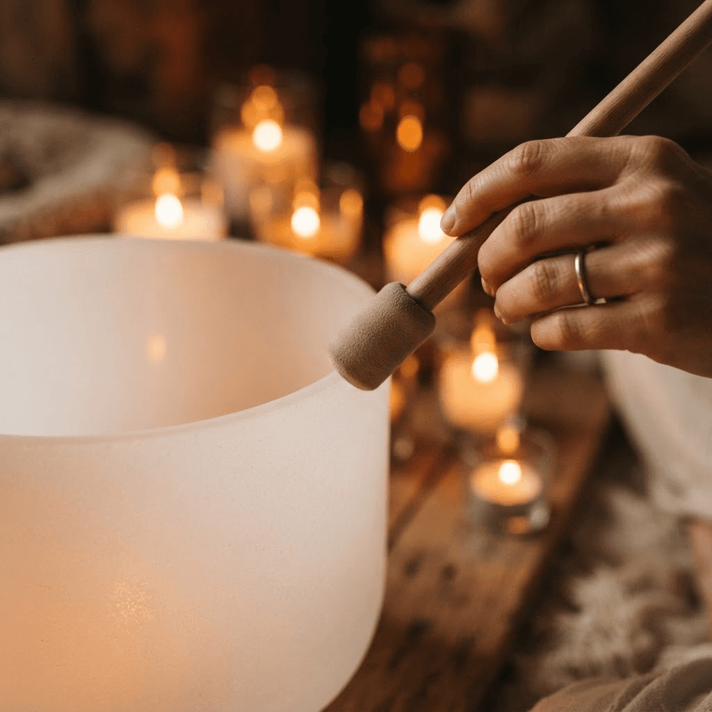 Close-up of a hand playing a crystal singing bowl